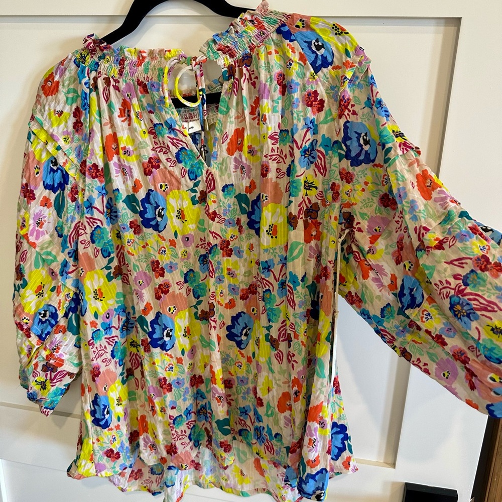 Another Love Yellow and Blue Ruffled Blouse with Bell Sleeves